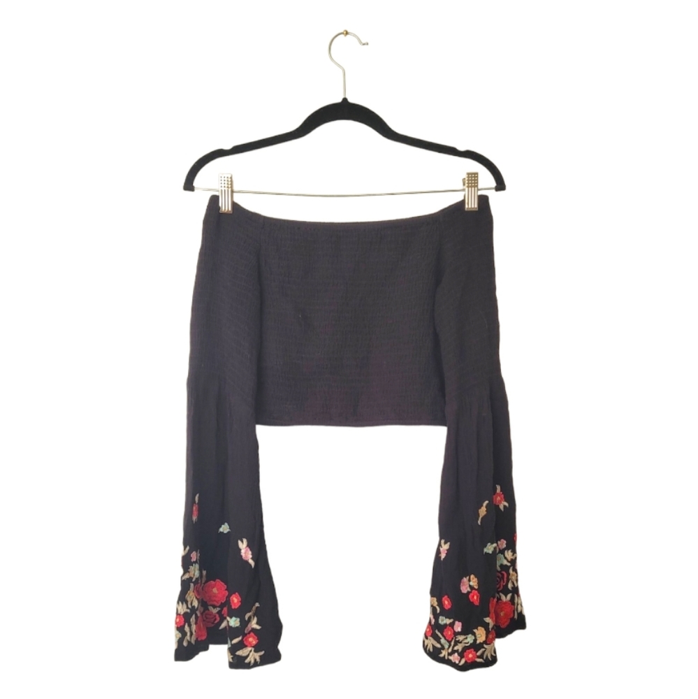 RahiCali Black Smocked Off Shoulder Crop Top